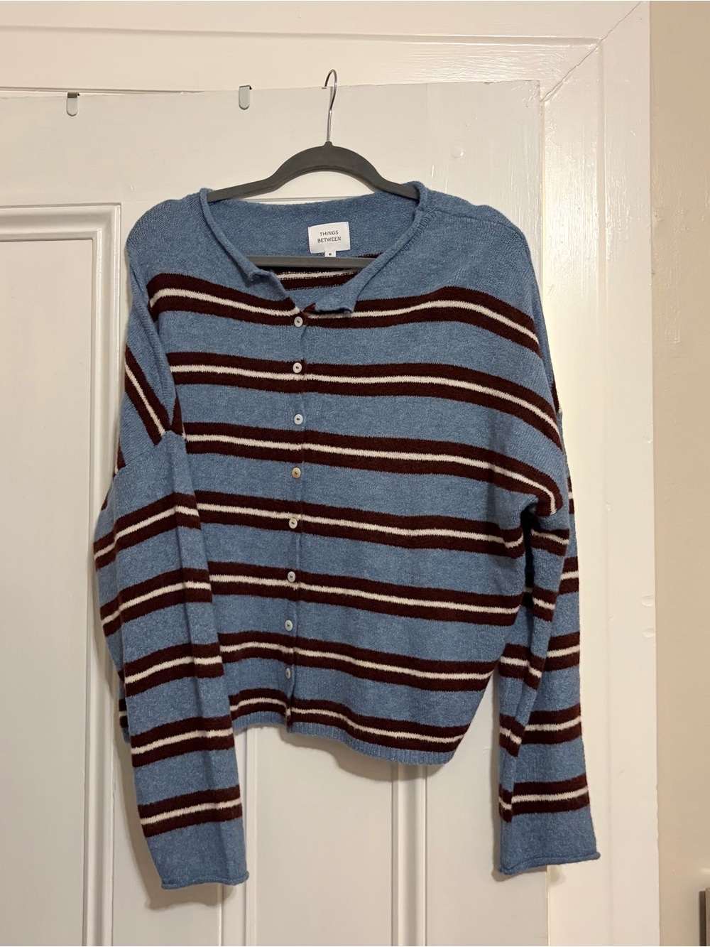 Things Between Varsity Striped Piper Cardigan Dusty blue